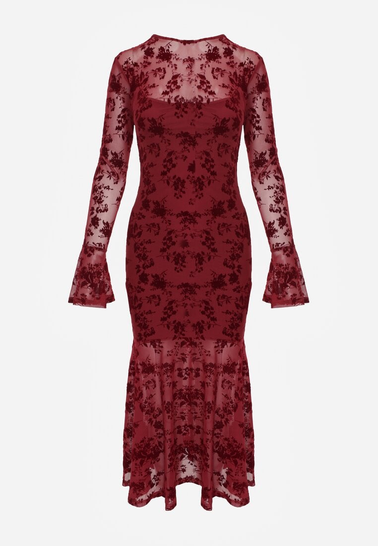 Czerwona Wieczorowa Sukienka VICES z Siateczki z Kwiatowym Wzorem z Weluru Azinene