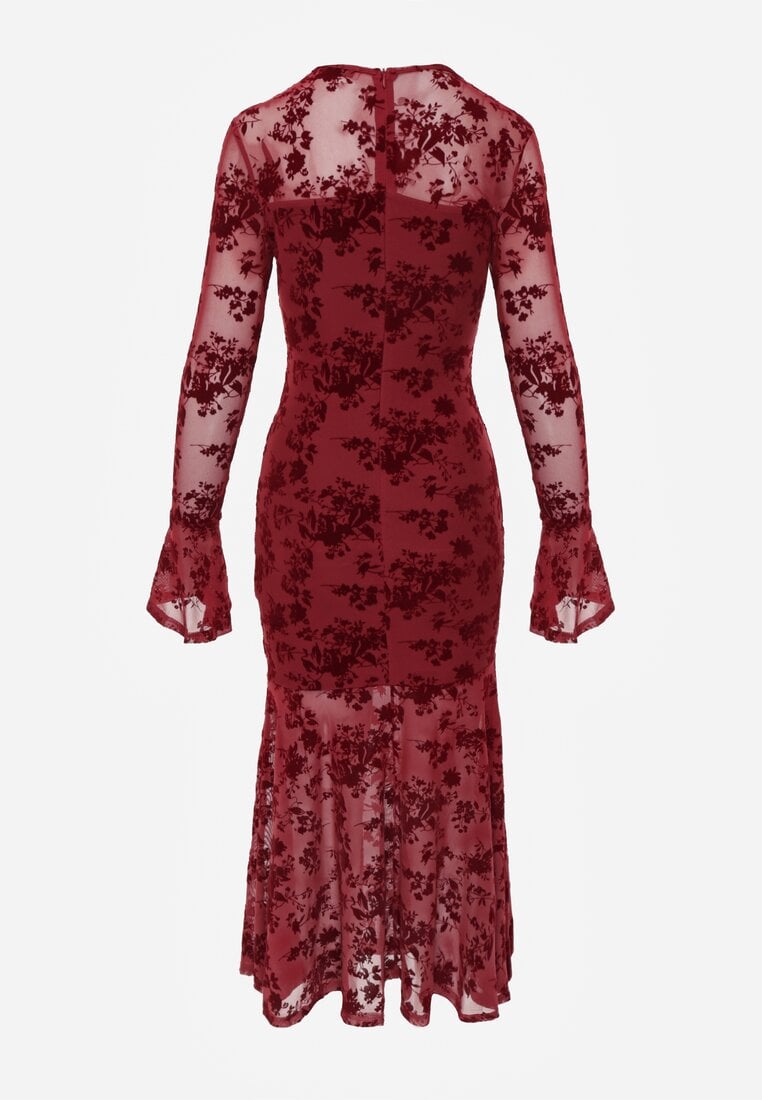 Czerwona Wieczorowa Sukienka VICES z Siateczki z Kwiatowym Wzorem z Weluru Azinene