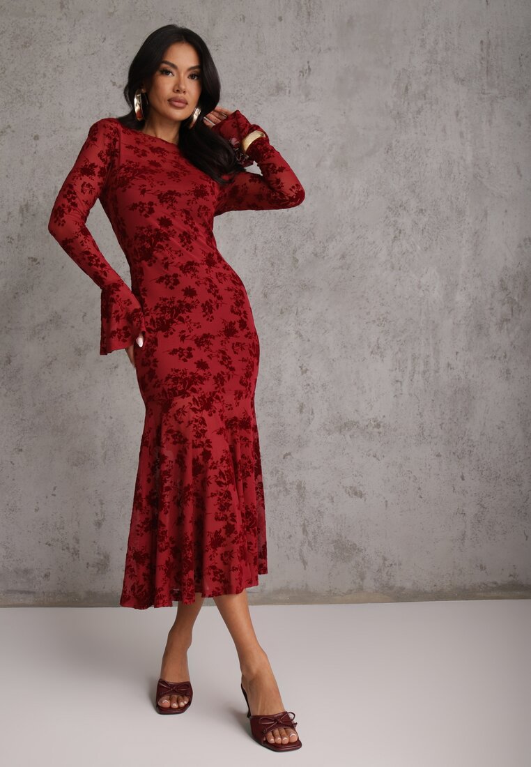 Czerwona Wieczorowa Sukienka VICES z Siateczki z Kwiatowym Wzorem z Weluru Azinene