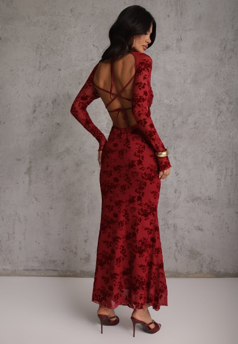 Czerwona Sukienka VICES Bodycon z Siateczki Ozdobionej Wzorem w Kwiaty Rivita