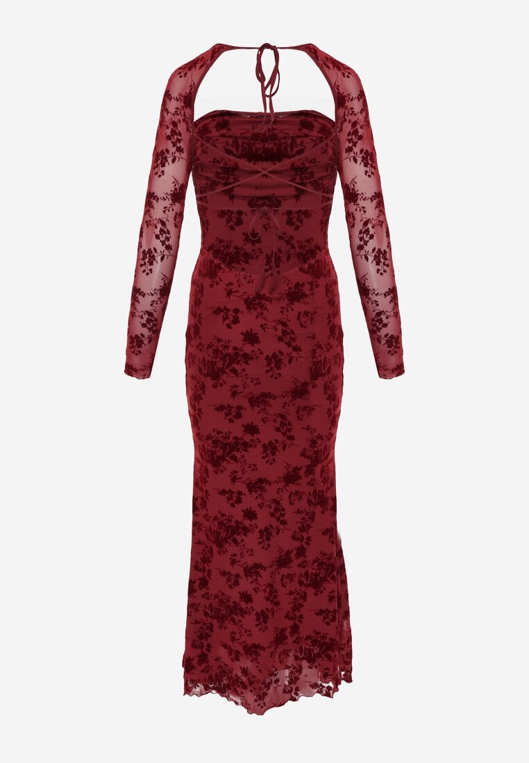 Czerwona Sukienka VICES Bodycon z Siateczki Ozdobionej Wzorem w Kwiaty Rivita