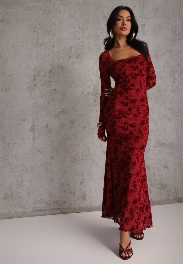 Czerwona Sukienka VICES Bodycon z Siateczki Ozdobionej Wzorem w Kwiaty Rivita