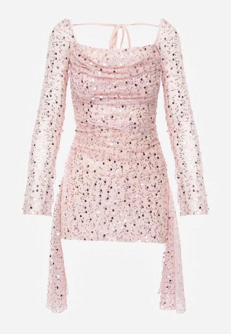 Różowa Dopasowana Sukienka VICES Zdobiona Cekinami i Wiązaniem Alethrolphi