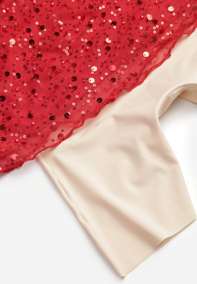 Czerwona Dopasowana Sukienka VICES Zdobiona Cekinami i Wiązaniem Alethrolphi