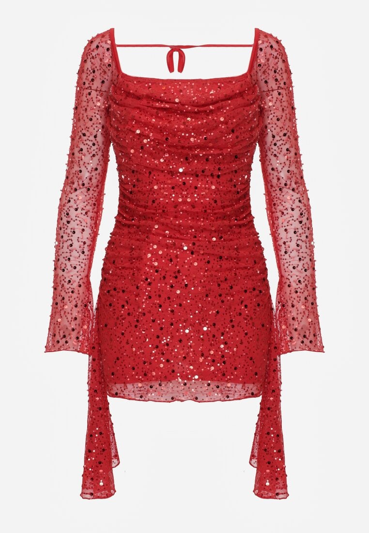 Czerwona Dopasowana Sukienka VICES Zdobiona Cekinami i Wiązaniem Alethrolphi