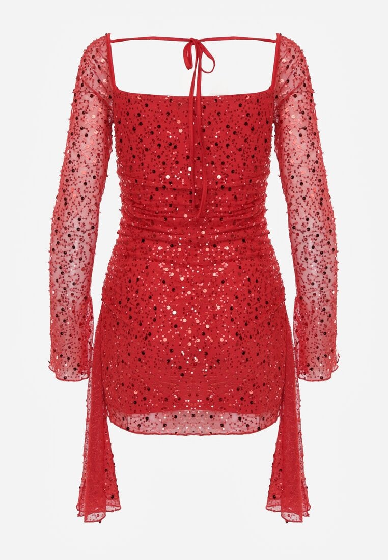 Czerwona Dopasowana Sukienka VICES Zdobiona Cekinami i Wiązaniem Alethrolphi