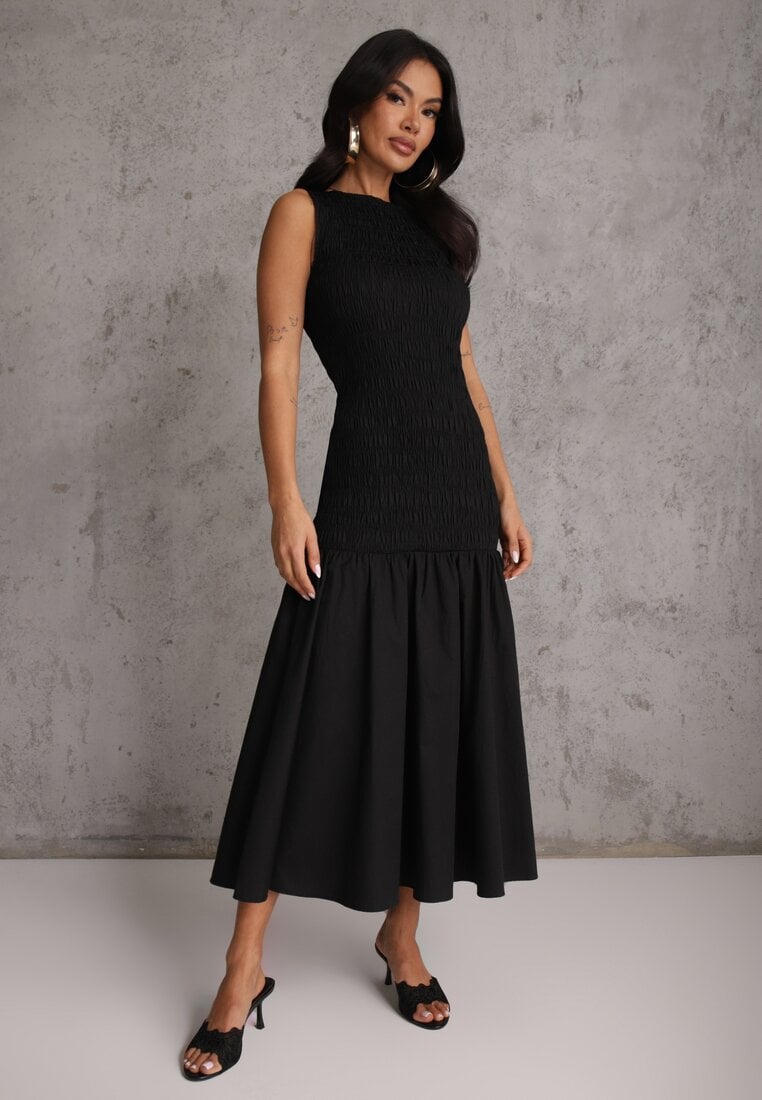 Czarna Sukienka Drop Waist Bez Rękawów Zdobiona Marszczeniem Natinelle