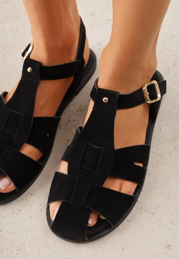 Czarne Sandały Gladiatorki z Imitacji Nubuku Zapinane na Sprzączkę Briannea
