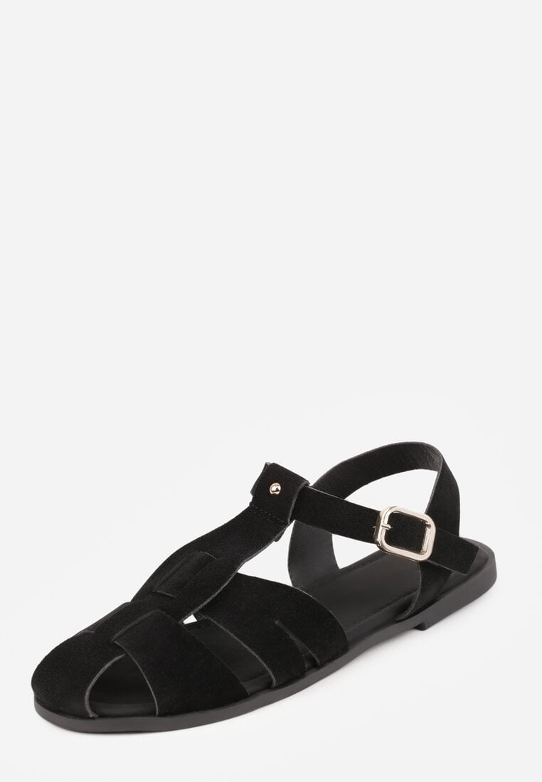 Czarne Sandały Gladiatorki z Imitacji Nubuku Zapinane na Sprzączkę Briannea