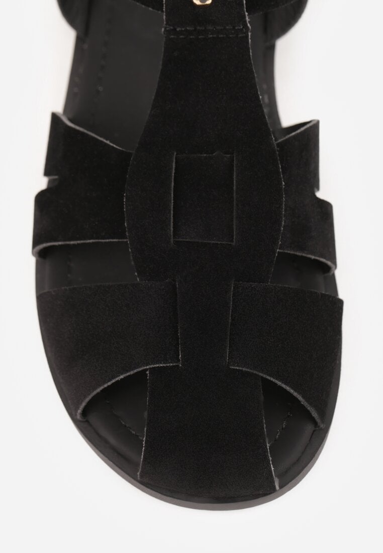 Czarne Sandały Gladiatorki z Imitacji Nubuku Zapinane na Sprzączkę Briannea