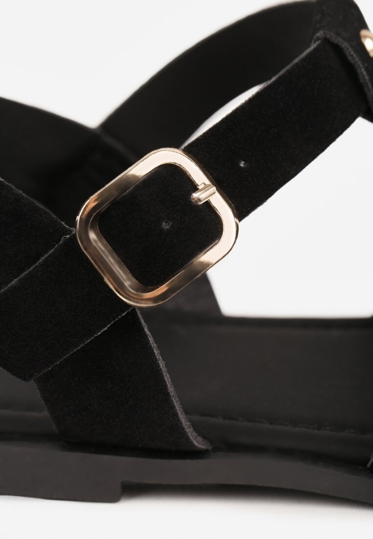 Czarne Sandały Gladiatorki z Imitacji Nubuku Zapinane na Sprzączkę Briannea