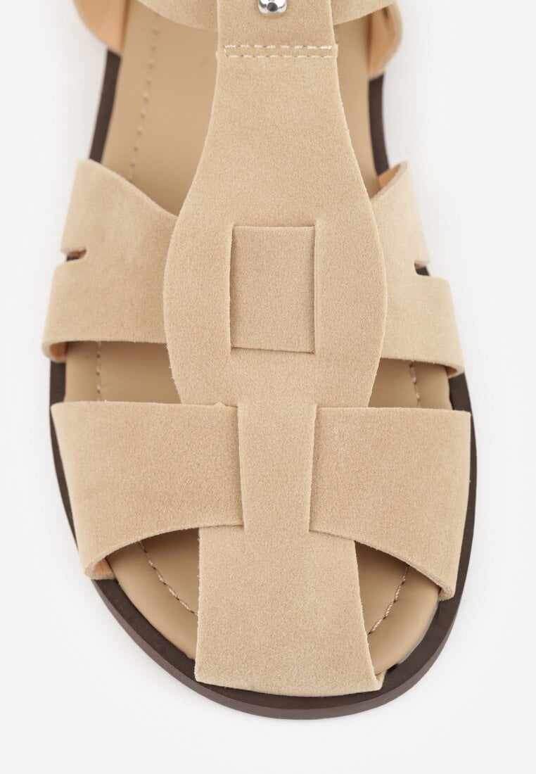 Beżowe Sandały Gladiatorki z Imitacji Nubuku Zapinane na Sprzączkę Briannea