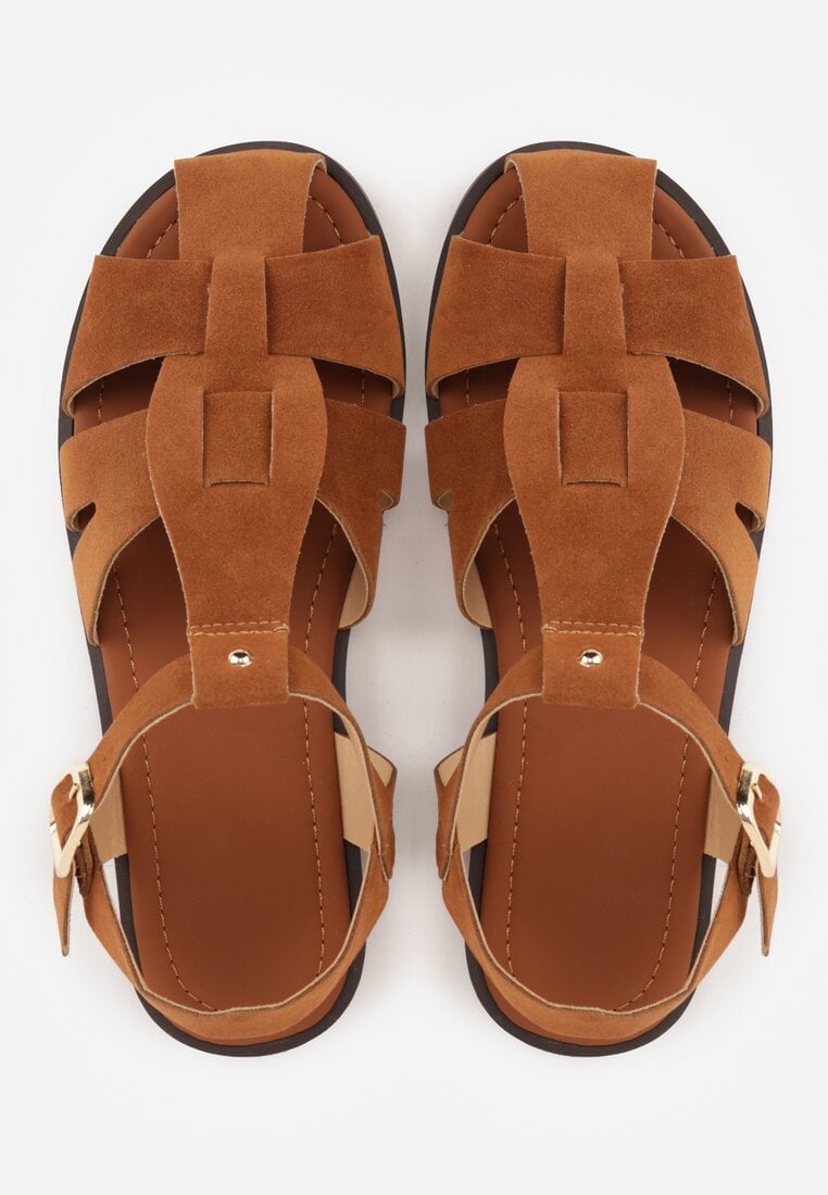 Jasnobrązowe Sandały Gladiatorki z Imitacji Nubuku Zapinane na Sprzączkę Briannea