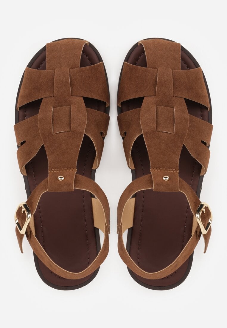 Brązowe Sandały Gladiatorki z Imitacji Nubuku Zapinane na Sprzączkę Briannea