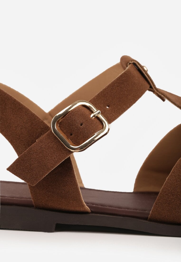 Brązowe Sandały Gladiatorki z Imitacji Nubuku Zapinane na Sprzączkę Briannea