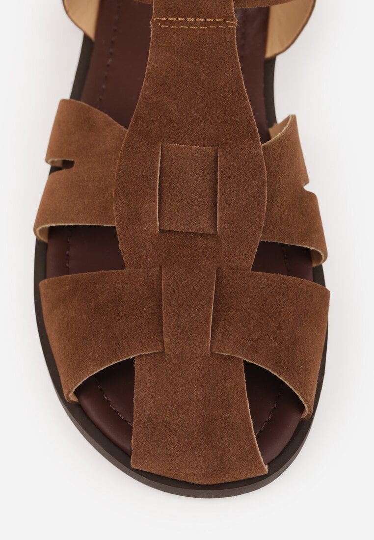 Brązowe Sandały Gladiatorki z Imitacji Nubuku Zapinane na Sprzączkę Briannea