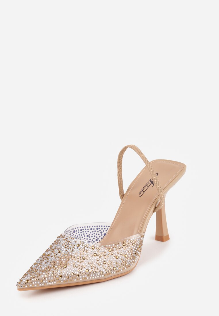 Ciemnobeżowe Szpilki z Odkrytą Piętą i Transparentnym Noskiem z Cyrkoniami Kalinata