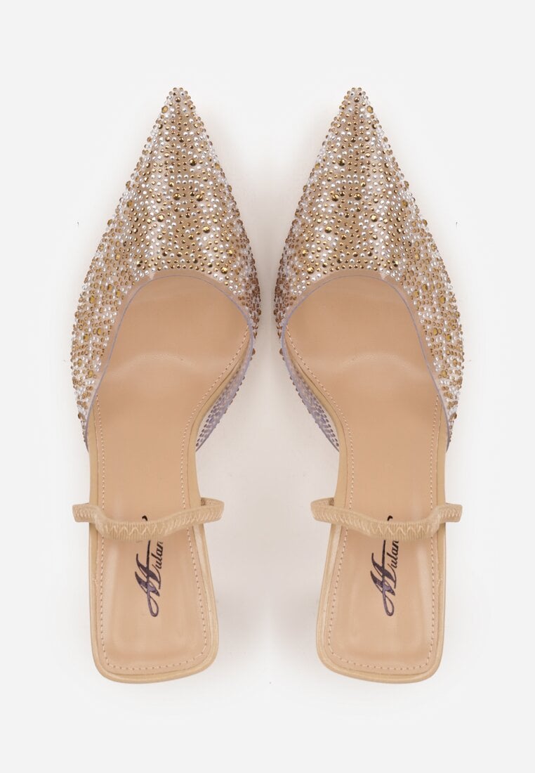 Ciemnobeżowe Szpilki z Odkrytą Piętą i Transparentnym Noskiem z Cyrkoniami Kalinata