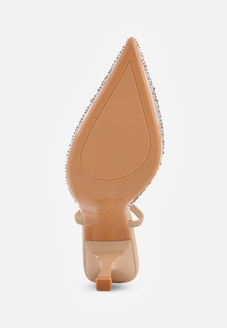 Ciemnobeżowe Szpilki z Odkrytą Piętą i Transparentnym Noskiem z Cyrkoniami Kalinata