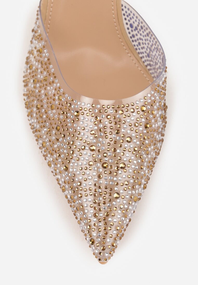 Ciemnobeżowe Szpilki z Odkrytą Piętą i Transparentnym Noskiem z Cyrkoniami Kalinata