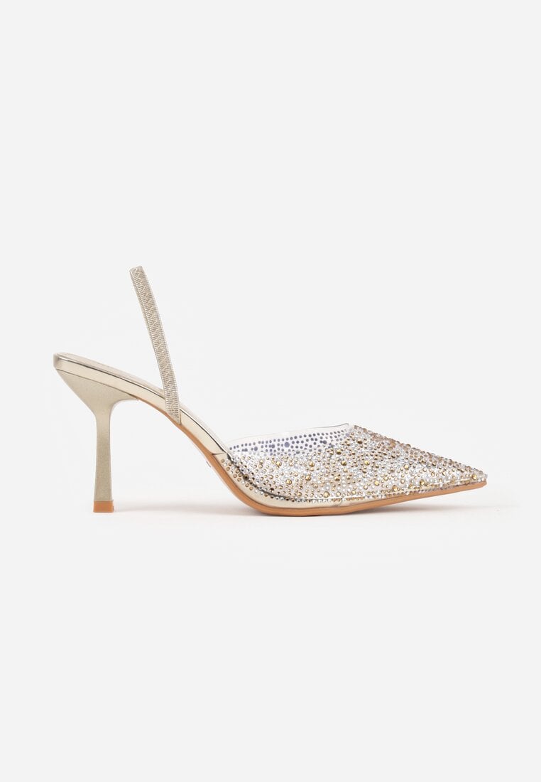 Złote Szpilki z Odkrytą Piętą i Transparentnym Noskiem z Cyrkoniami Kalinata