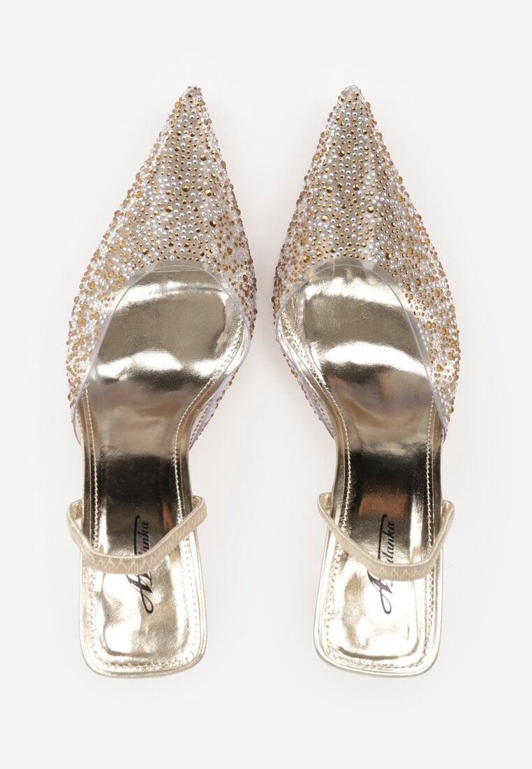 Złote Szpilki z Odkrytą Piętą i Transparentnym Noskiem z Cyrkoniami Kalinata