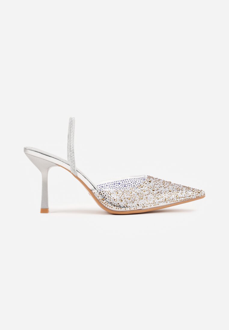 Srebrne Szpilki z Odkrytą Piętą i Transparentnym Noskiem z Cyrkoniami Kalinata