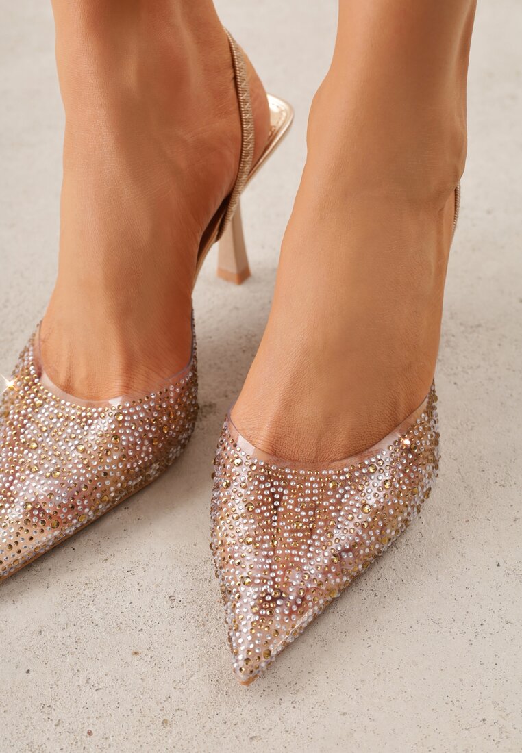 Szampańskie Szpilki z Odkrytą Piętą i Transparentnym Noskiem z Cyrkoniami Kalinata