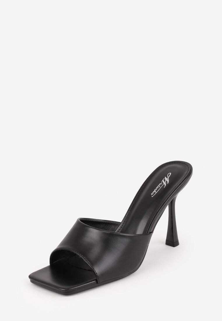 Czarne Klapki na Szpilce z Kwadratowym Noskiem Peep Toe Avenata