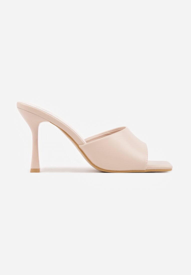 Beżowe Klapki na Szpilce z Kwadratowym Noskiem Peep Toe Avenata