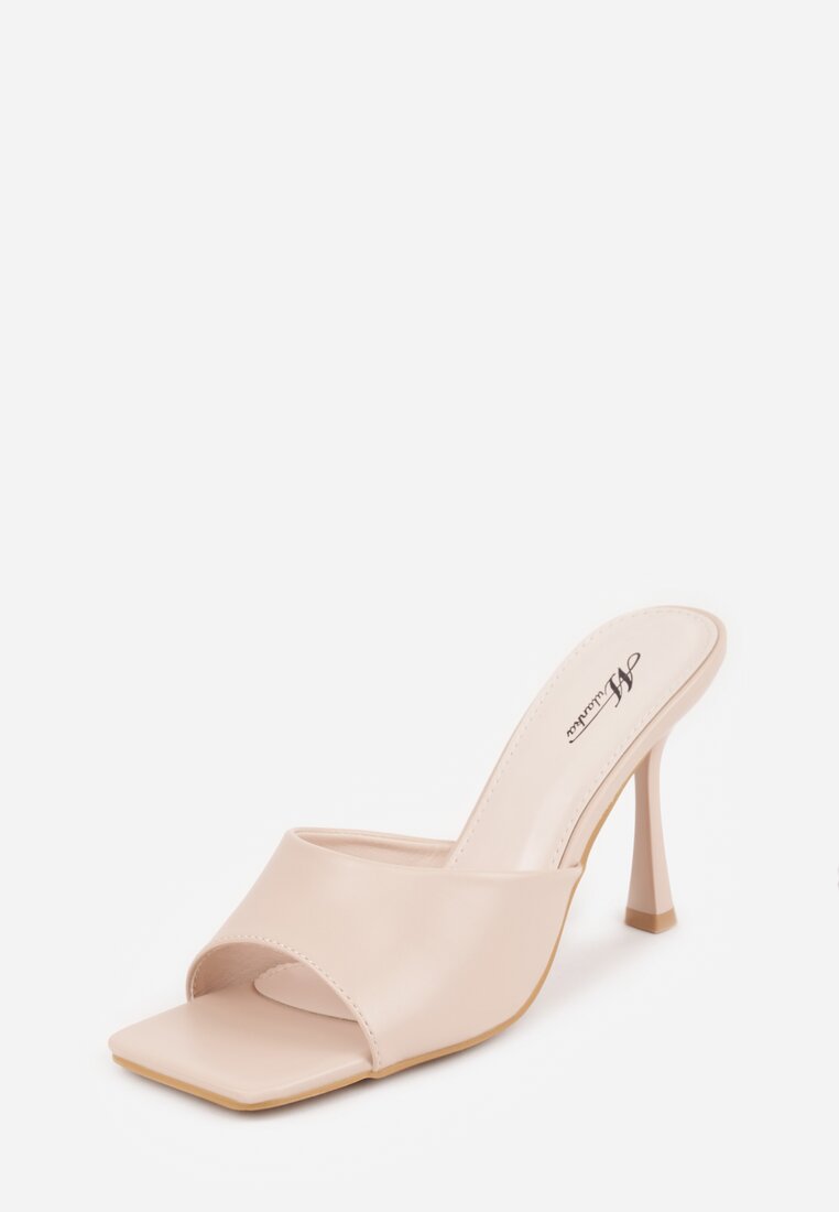 Beżowe Klapki na Szpilce z Kwadratowym Noskiem Peep Toe Avenata