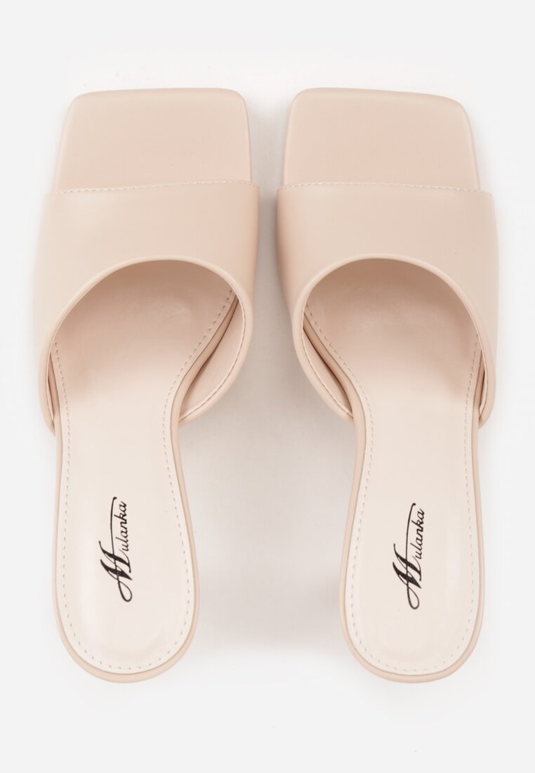 Beżowe Klapki na Szpilce z Kwadratowym Noskiem Peep Toe Avenata