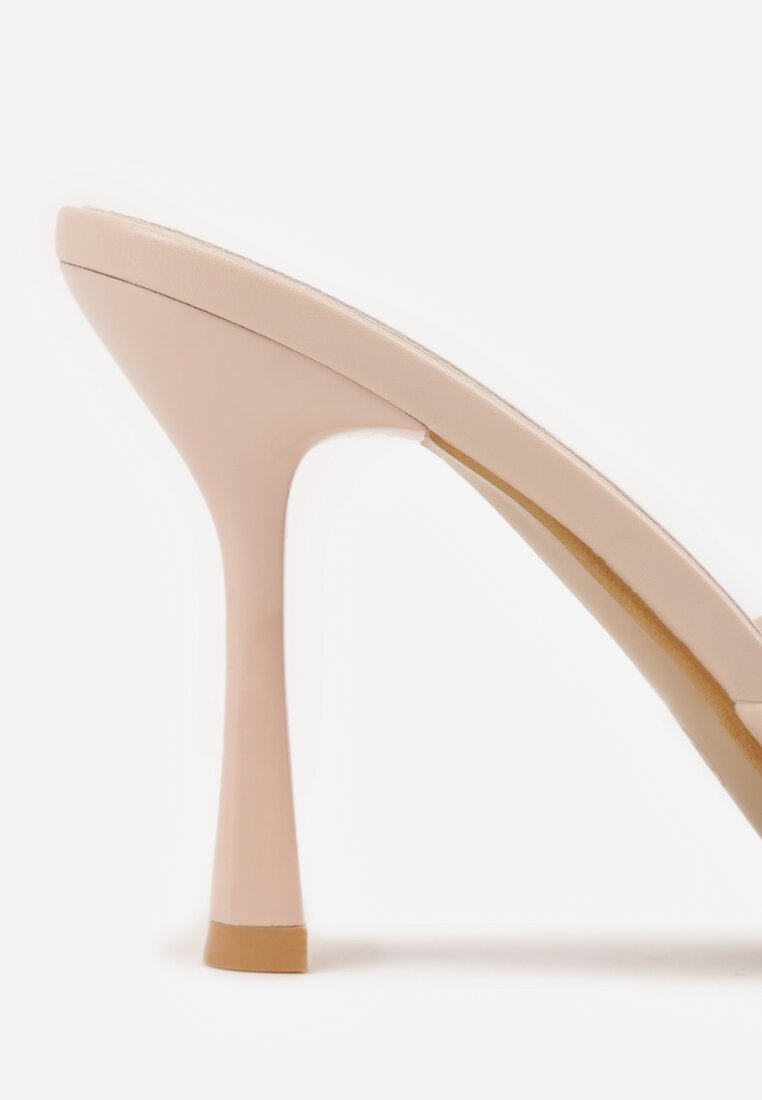 Beżowe Klapki na Szpilce z Kwadratowym Noskiem Peep Toe Avenata