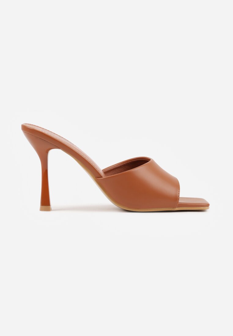 Jasnobrązowe Klapki na Szpilce z Kwadratowym Noskiem Peep Toe Avenata