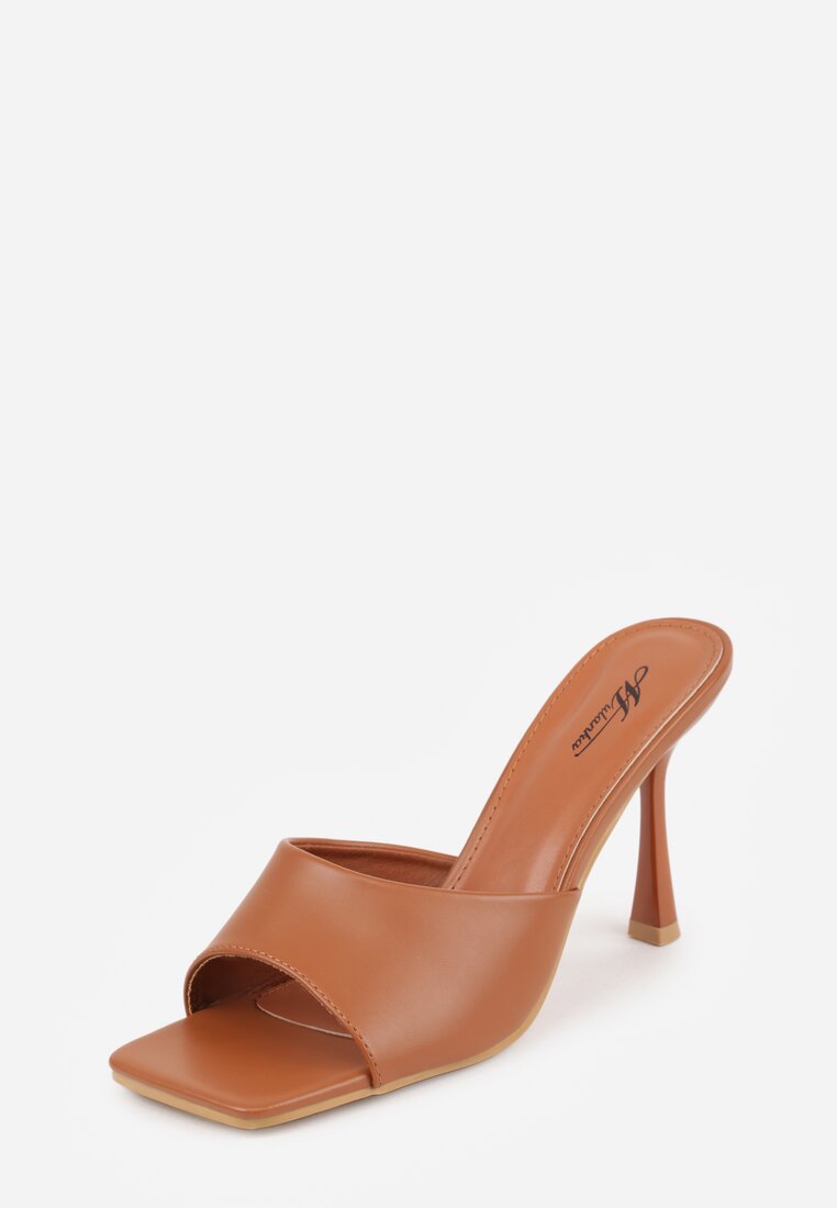 Jasnobrązowe Klapki na Szpilce z Kwadratowym Noskiem Peep Toe Avenata