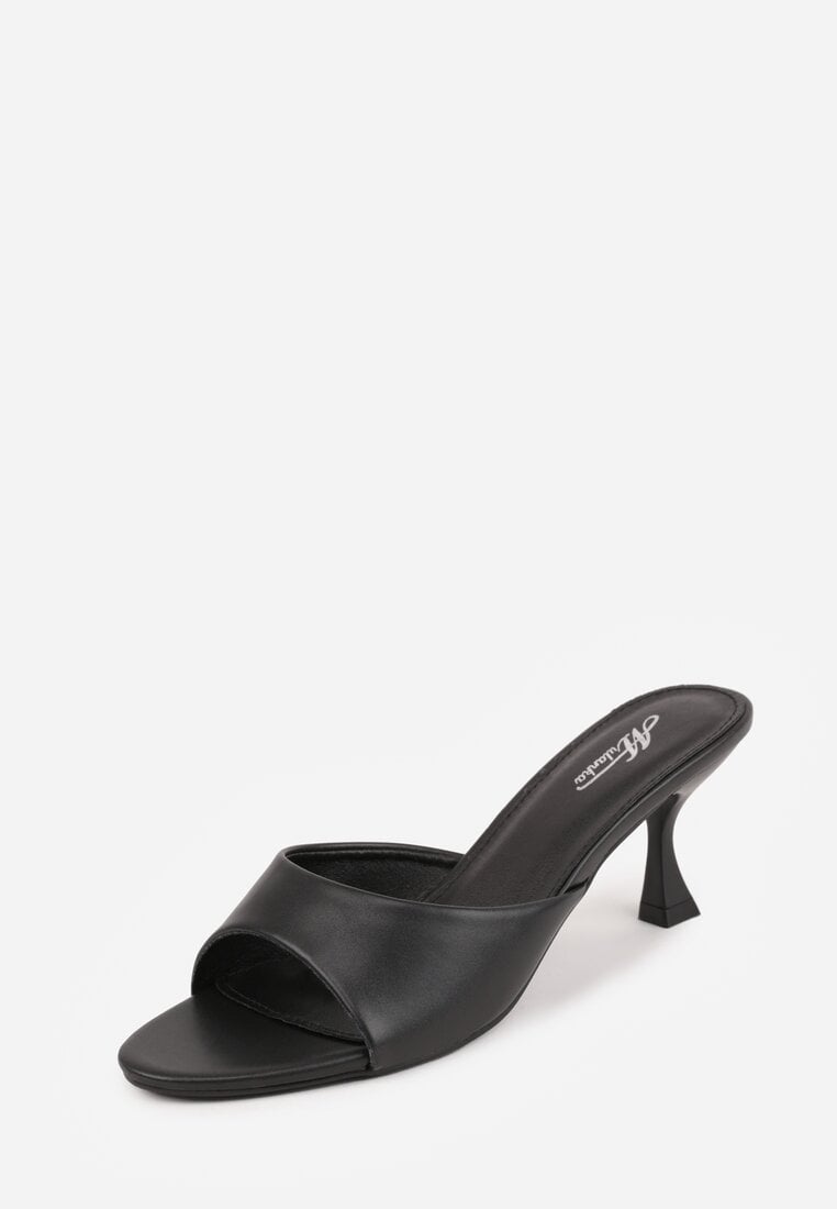 Czarne Klapki Peep Toe na Niskiej Szpilce Carinatia