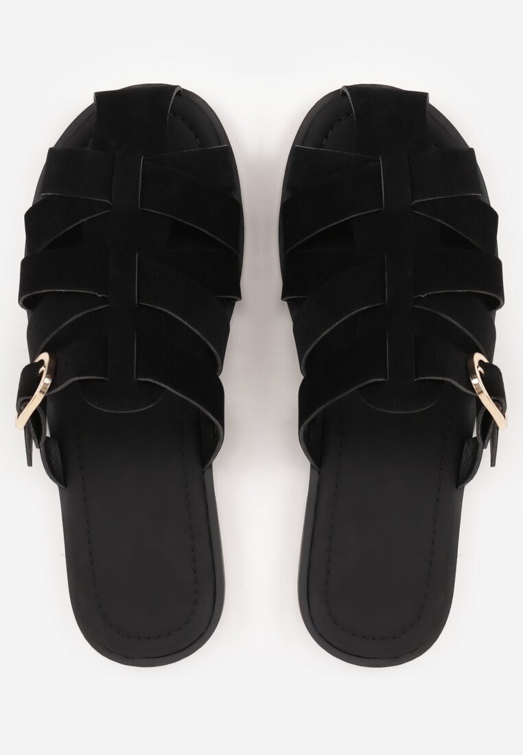 Czarne Klapki Gladiatorki z Ozdobną Sprzączką Lusanatia