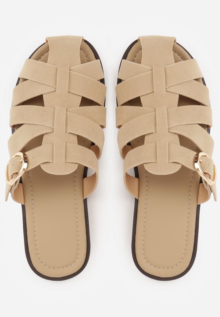 Beżowe Klapki Gladiatorki z Ozdobną Sprzączką Lusanatia