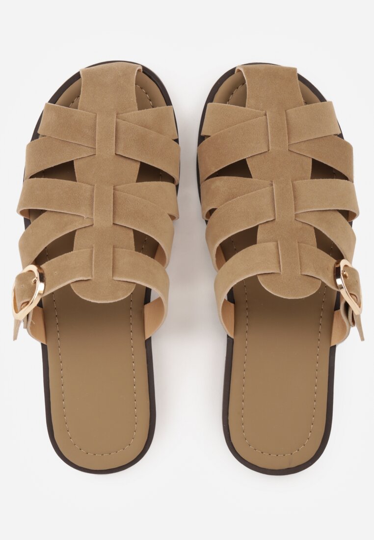Ciemnobeżowe Klapki Gladiatorki z Ozdobną Sprzączką Lusanatia