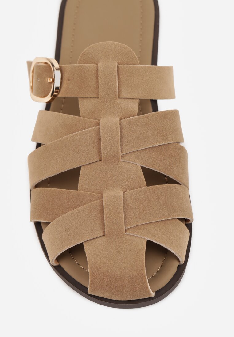 Ciemnobeżowe Klapki Gladiatorki z Ozdobną Sprzączką Lusanatia