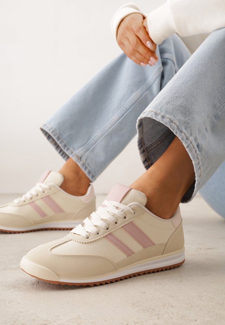Beżowe Sneakersy Ozdobione Dwoma Paskami Lannatea