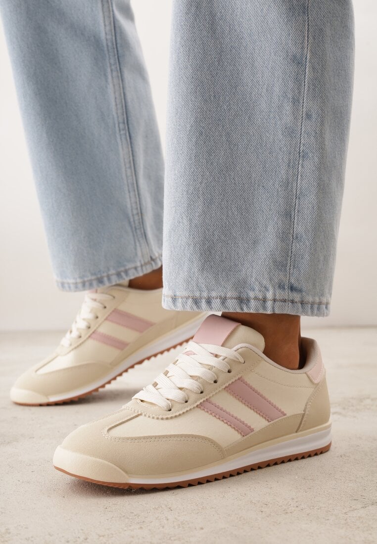 Beżowe Sneakersy Ozdobione Dwoma Paskami Lannatea