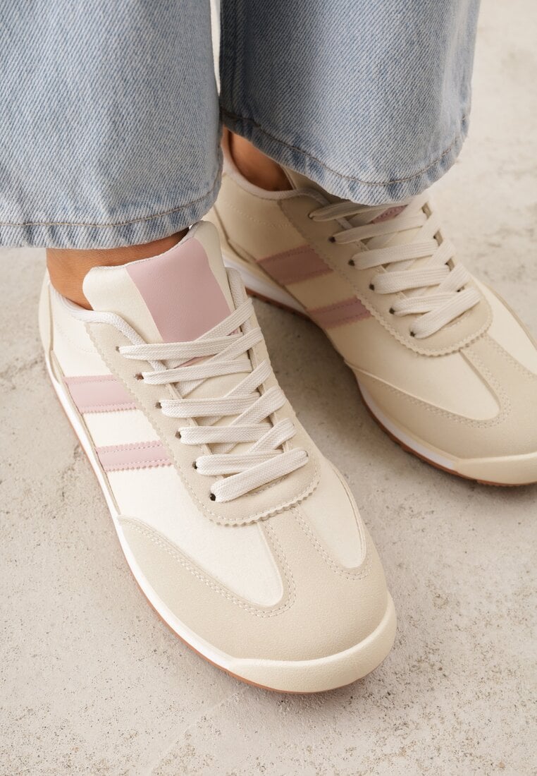 Beżowe Sneakersy Ozdobione Dwoma Paskami Lannatea