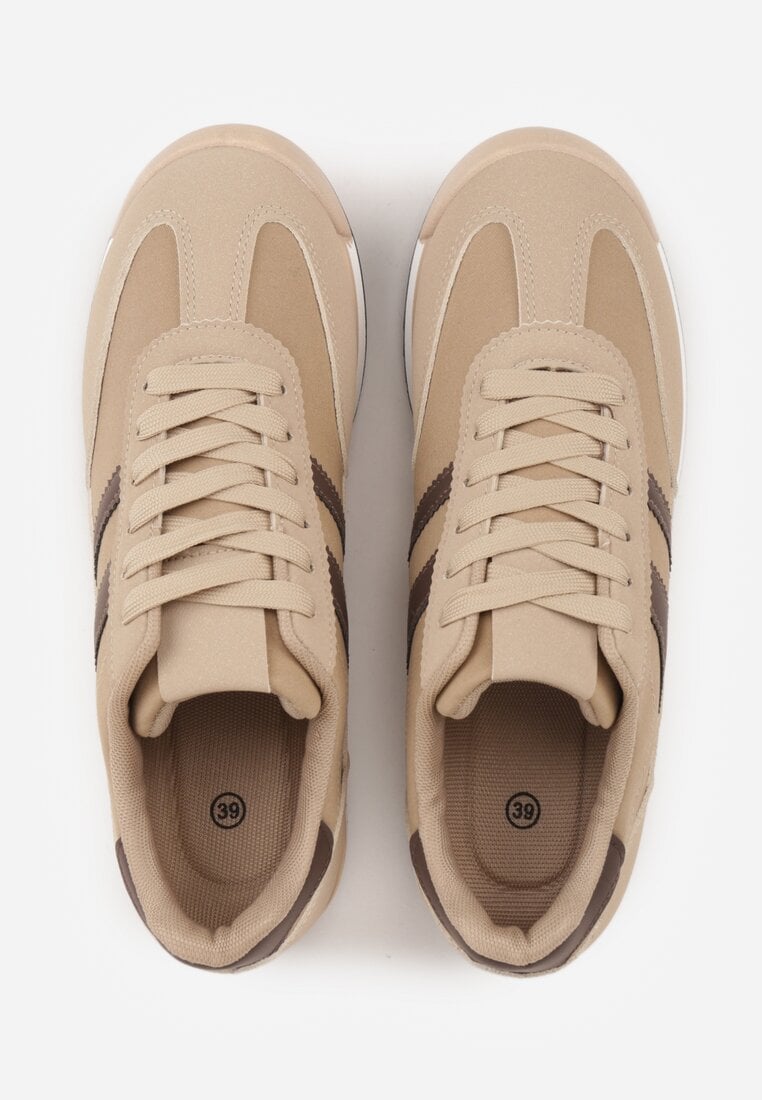 Beżowo-Brązowe Sneakersy Ozdobione Dwoma Paskami Lannatea