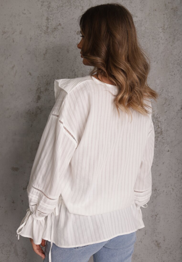 Biała Eteryczna Bluzka z Bawełny Zdobiona Falbankami i Ściągaczem w Pasie Cezarelle