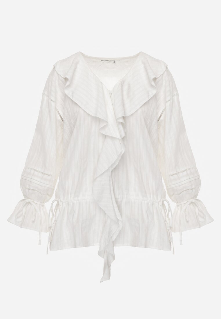 Biała Eteryczna Bluzka z Bawełny Zdobiona Falbankami i Ściągaczem w Pasie Cezarelle