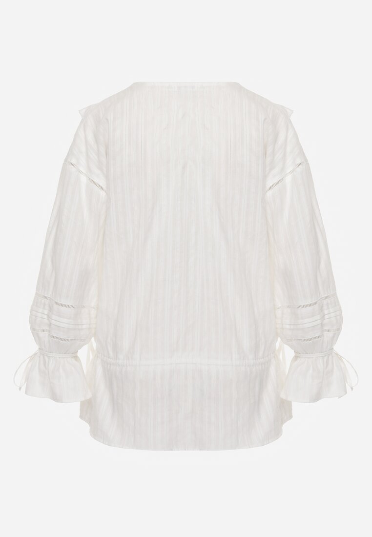 Biała Eteryczna Bluzka z Bawełny Zdobiona Falbankami i Ściągaczem w Pasie Cezarelle
