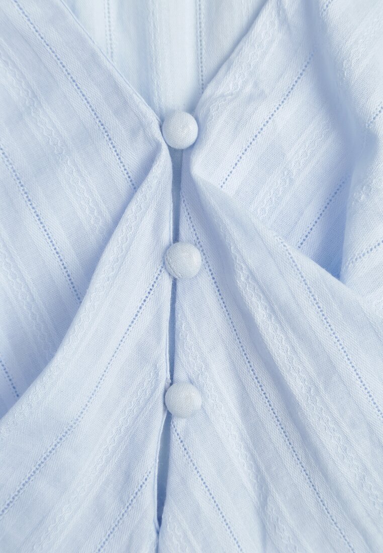 Niebieska Eteryczna Bluzka z Bawełny Zdobiona Falbankami i Ściągaczem w Pasie Cezarelle