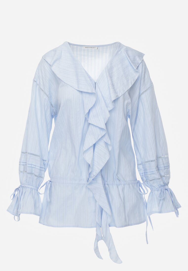 Niebieska Eteryczna Bluzka z Bawełny Zdobiona Falbankami i Ściągaczem w Pasie Cezarelle