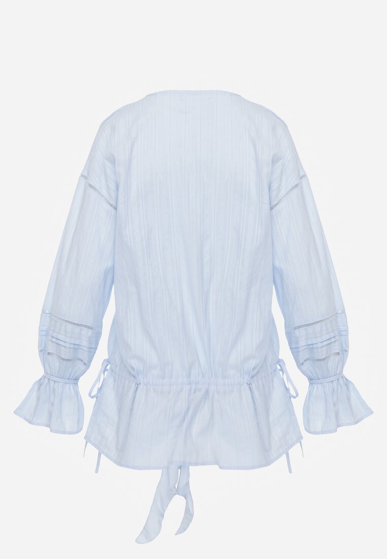 Niebieska Eteryczna Bluzka z Bawełny Zdobiona Falbankami i Ściągaczem w Pasie Cezarelle